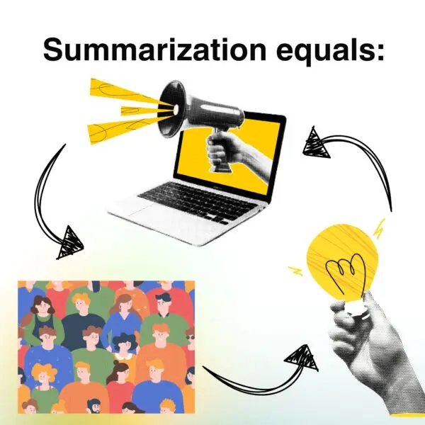Illustration showing a megaphone emerging from a laptop, communicating with a diverse audience and sparking new ideas—representing how an AI PowerPoint Summarizer transforms presentations into impactful insights.
