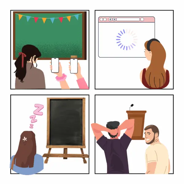 Illustration showing classroom challenges like student boredom, tech distractions, and outdated presentations—highlighting the need for engaging AI-generated slide shows in education.