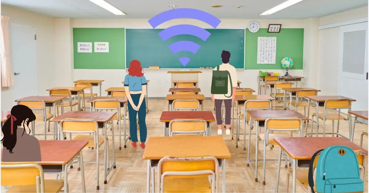 What is school AI in 2025? It shows a digital collage showing a modern classroom with illustrated students and a large Wi-Fi icon on the chalkboard, symbolizing AI-powered tools for teachers.