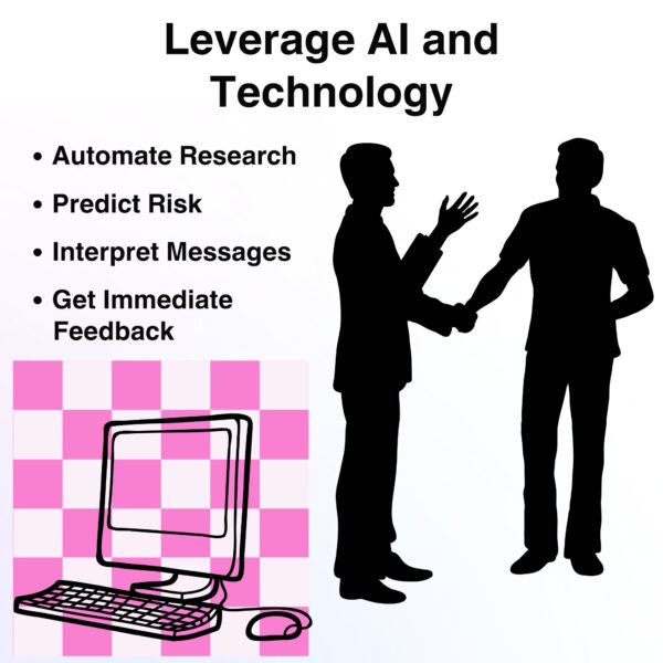 Two silhouetted professionals shake hands next to a list of AI benefits for a client meeting, with a pink-checkered computer graphic representing technology integration.