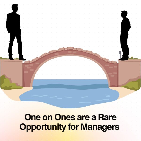 Illustration of two silhouetted figures standing on opposite sides of a bridge, symbolizing connection and communication in a one on one meeting.
