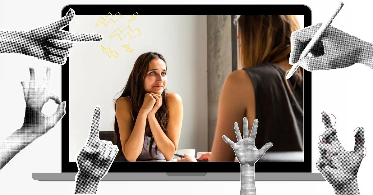 Illustration of a one-on-one meeting between two women inside a laptop screen, surrounded by expressive hands symbolizing feedback, gestures, and collaboration—representing an AI-enhanced One on One Meeting Template.