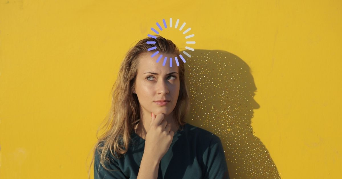 Woman thinking with a loading icon above her head and sparkly shadow, symbolizing decision-making and mental clarity when choosing between a pitch deck vs executive summary.