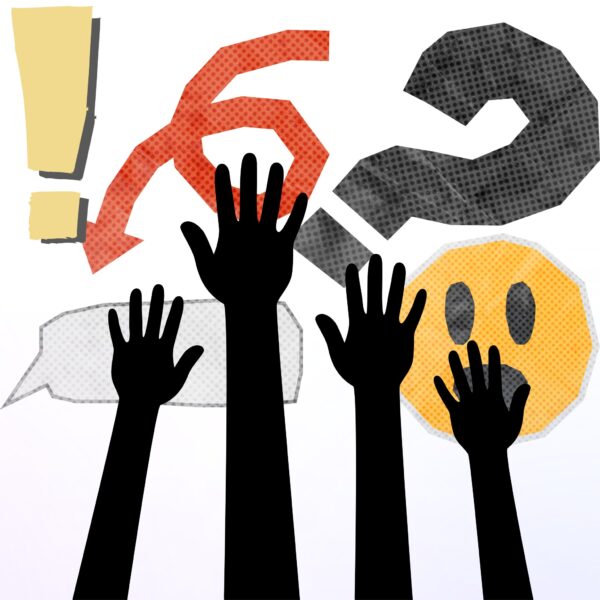 Raised hands with question marks, exclamation points, and speech bubbles—illustrating why agenda templates are essential for meetings.