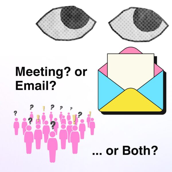 Illustration of a confused group choosing between a meeting and an email, highlighting the need for agenda templates.