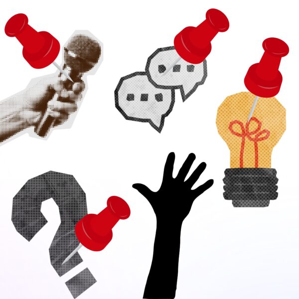 Pinned icons representing agenda items, ideas, questions, and discussion—visualizing engagement in agenda templates.