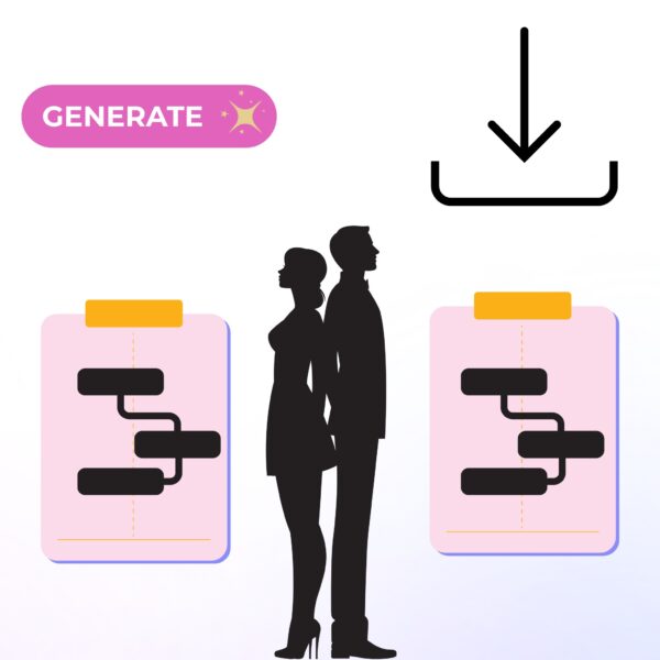 Illustration of a man and woman standing back to back with downloadable agenda templates and a “generate” button, symbolizing easy access to agenda templates.