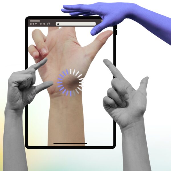 Deck writing design concept showing hands interacting with a digital frame, illustrating clarity, simplicity, and white space in presentation slides.