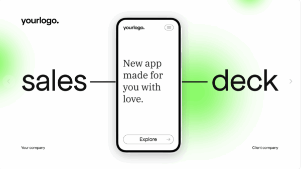 Mobile-first pitch deck cover slide showing a clean design, app tagline, and branding.