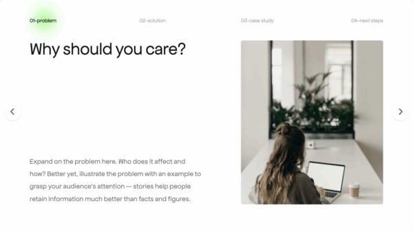 “Pitch deck slide with a woman working on a laptop, illustrating emotional context behind the problem.”