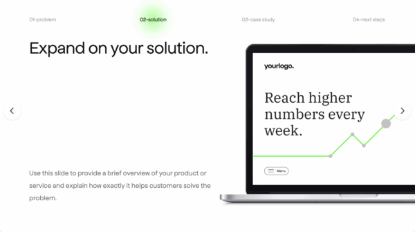 Pitch deck solution slide showing a laptop screen with upward-trending chart and the phrase “Reach higher numbers every week.”