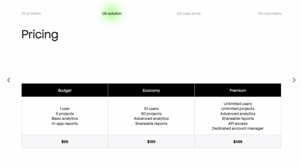 Pitch deck slide showing pricing table with Budget, Economy, and Premium plans for a SaaS business model.