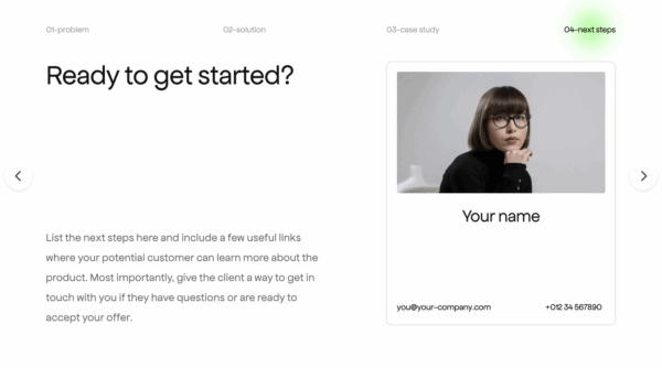 Pitch deck next steps slide featuring contact information, a professional photo, and a clear call to action for investors.