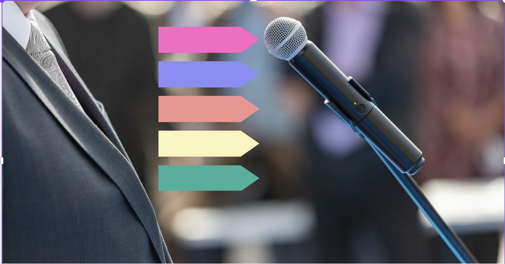Close-up of a microphone and speaker in a suit, with colorful presentation pointers—representing an individual oral presentation.
