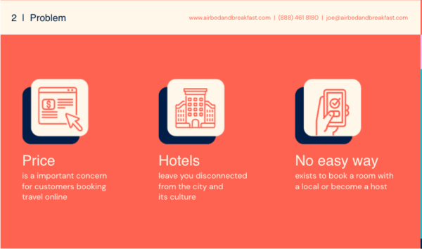Airbnb pitch deck slide illustrating how deck writing clearly presents customer pain points—price, disconnection from culture, and lack of easy booking.