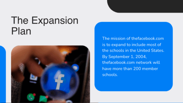 Facebook pitch deck slide titled “The Expansion Plan,” showing a crystal ball with the Facebook logo and a mission statement about growing to 200 schools—an example of strategic deck writing.