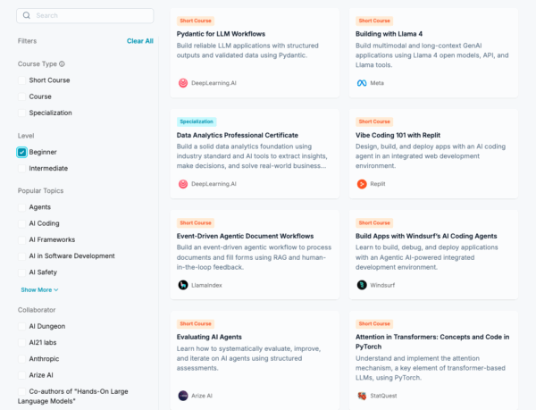 Beginner deep learning courses and specializations listed on DeepLearning.AI with filters for AI topics