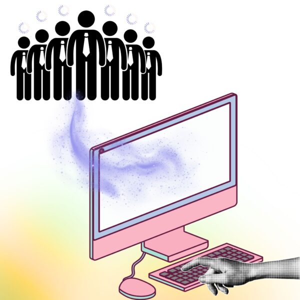 Solo founder’s hand at computer creating an AI business, with a digital team emerging from the screen