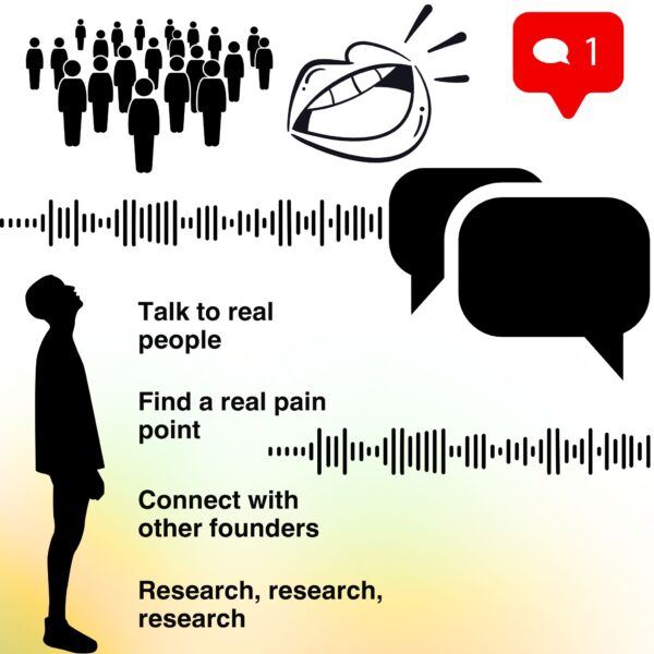 Solo founder brainstorming AI business ideas by talking to real people, gathering feedback, and researching pain points