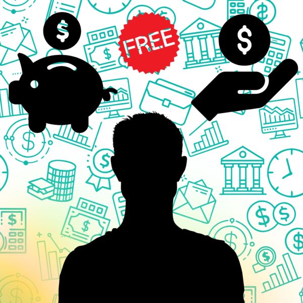 Solo founder silhouette with icons of saving, earning, and free tools—representing bootstrapping an AI business.