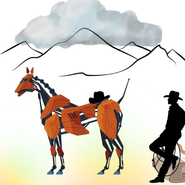 Illustration of a solo founder and a robot mule climbing a mountain, symbolizing how to create an AI journey with both technology and human guidance.