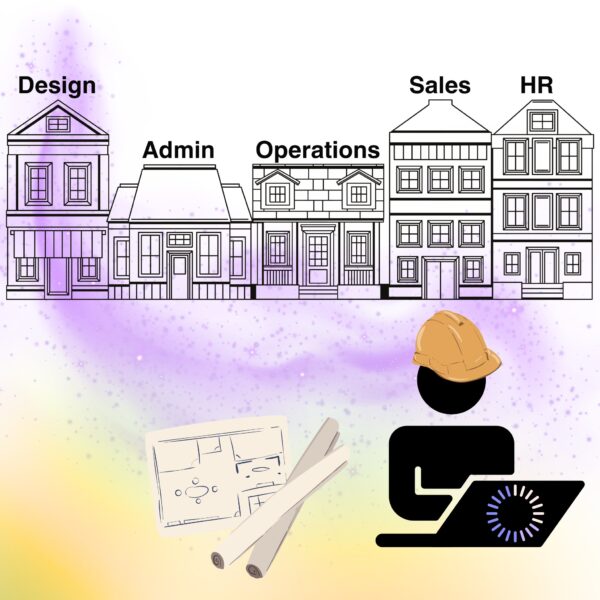 Illustration of AI consultants as business architects: blueprint plans, hard hat, and labeled buildings for design, admin, operations, sales, and HR.