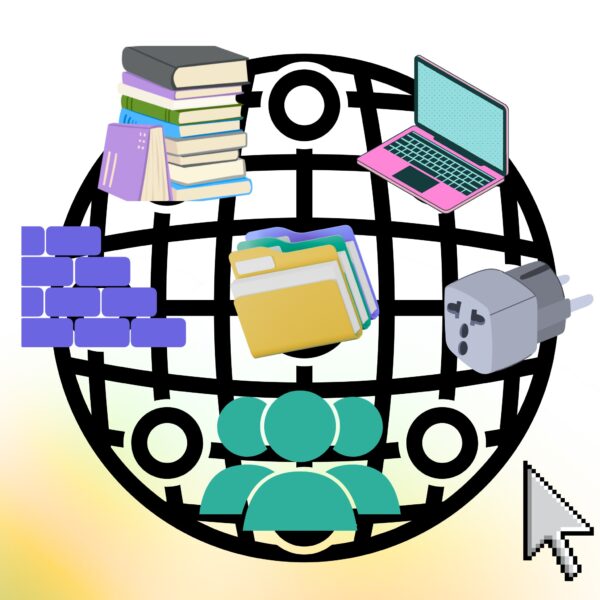A globe surrounded by icons representing knowledge, technology, teamwork, data organization, infrastructure, and digital tools—illustrating the diverse skills of top AI consultants.