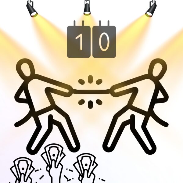 Tug of war illustration with spotlights and money icons, representing business competition for How to Do a Competitor Analysis Pitch Deck.