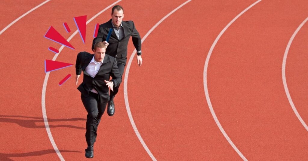 Business professionals in suits racing on a track, symbolizing competition, for How to Do a Competitor Analysis Pitch Deck.