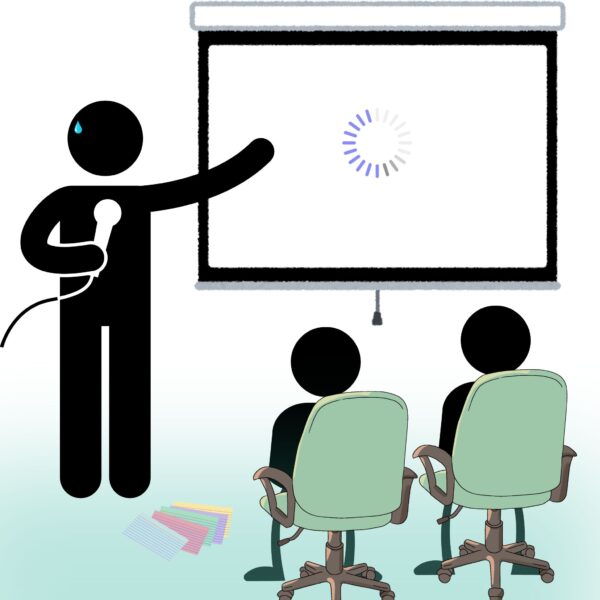 Nervous student giving an individual oral presentation with a blank projector screen and audience