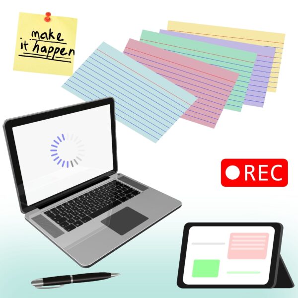 Preparation tools for an individual oral presentation: color-coded notecards, laptop, encouragement sticky note, recording icon, and digital display.