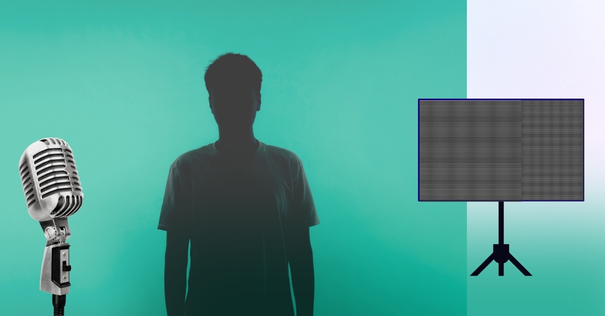 Silhouette of a speaker with a microphone and presentation screen—symbolizing pitch deck delivery.