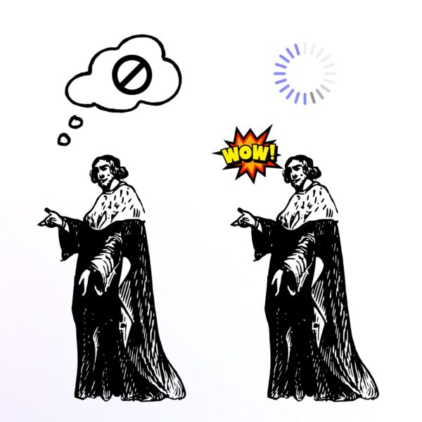Two classic figures—one with a blocked thought bubble, one with a “wow” and loading icon—illustrate the difference AI and creativity can make.