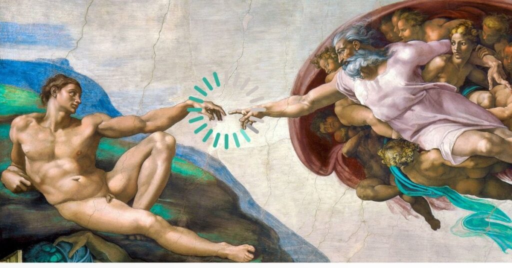 AI Content Creation visual inspired by Michelangelo’s Creation of Adam, symbolizing the connection between human creativity and artificial intelligence.