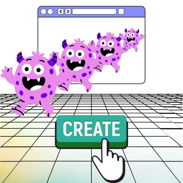 AI content creation concept: playful purple cartoon creatures emerging from a browser window with a big “Create” button.