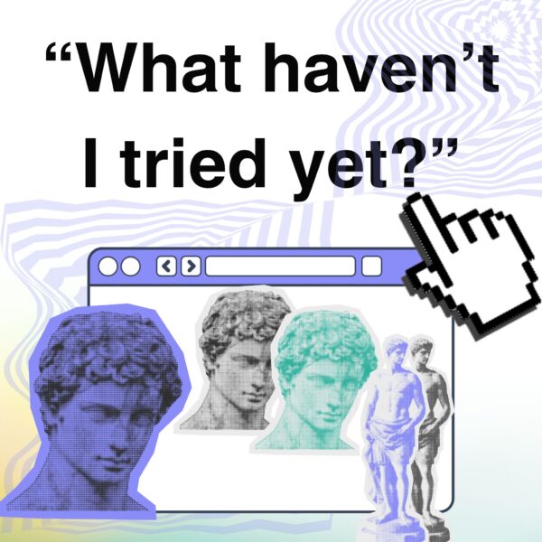 AI content creation diversity: quirky cartoon bananas and browser window with “What haven’t I tried yet?” prompt.