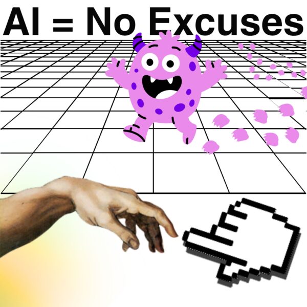 AI content creation concept: playful purple monster, pixelated cursor, and a classic hand reaching out, with the words “AI = No Excuses”.