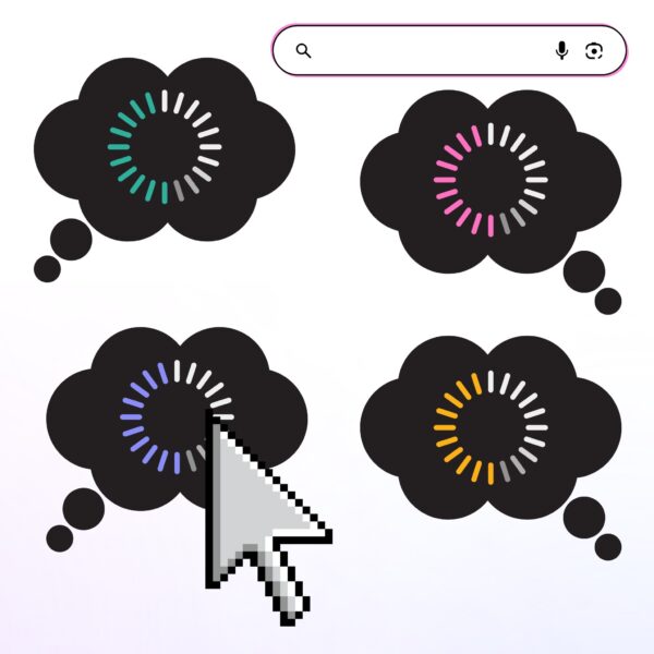 Digital thought bubbles and a cursor symbolizing brainstorming AI tools for how to write a business plan.