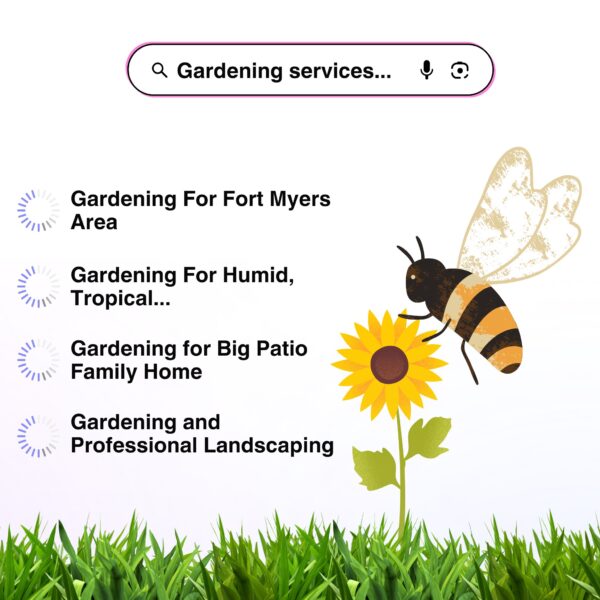 Search results for gardening services with a bee and flower, symbolizing strategies to attract new clients.