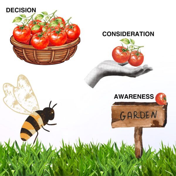 Illustration of a bee, tomatoes, and garden sign showing the journey from awareness to decision, visualizing how content attracts new clients.