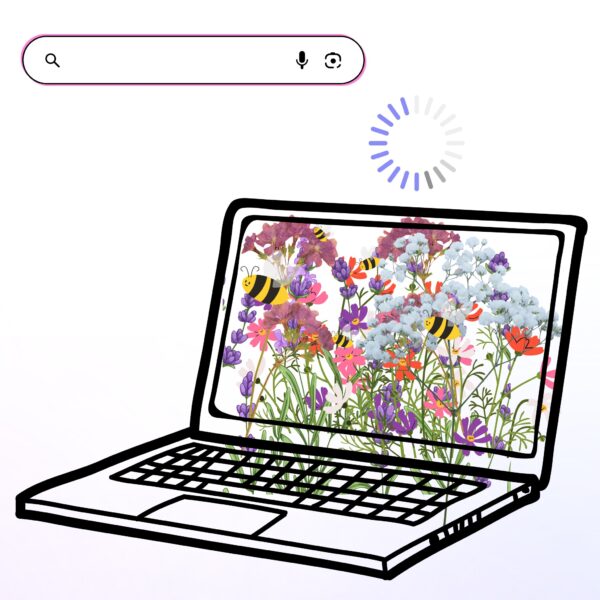 A laptop displaying wildflowers and bees, symbolizing how strategic outreach attracts new clients online.