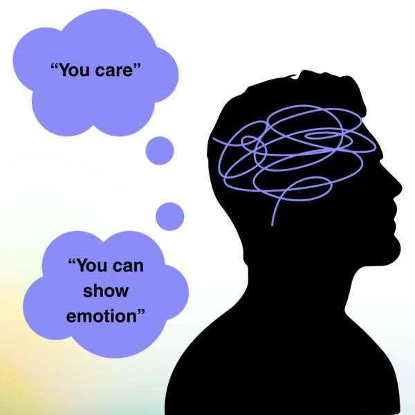 Public Presentation Tips – silhouette head with anxious thoughts and positive affirmation bubbles about caring and showing emotion