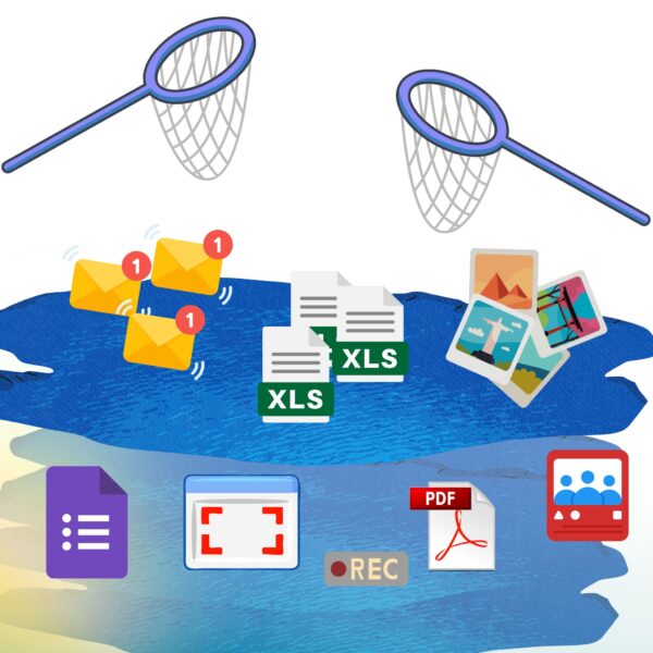 Illustration of unstructured data types—emails, spreadsheets, images, and PDFs—floating in a data lake with fishing nets above.