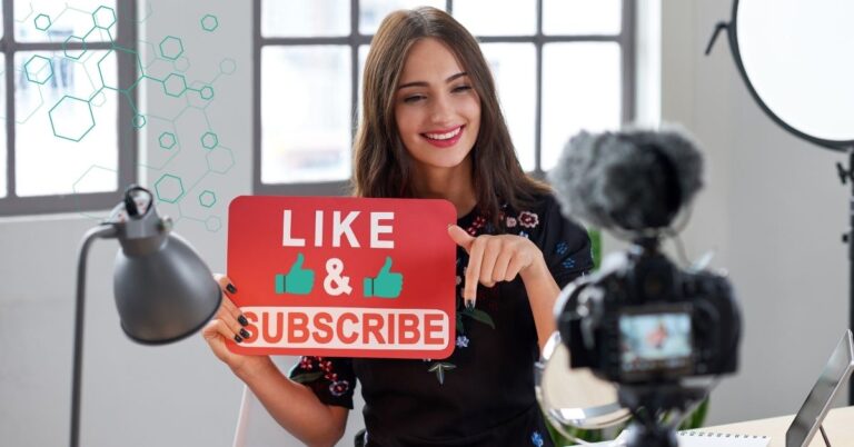 YouTuber recording a video and holding a “Like & Subscribe” sign, representing how to use AI to create YouTube dialogue and slides.