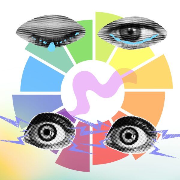 Pop-art collage of eyes and a color wheel, illustrating human perception and emotion in AI generate logos.