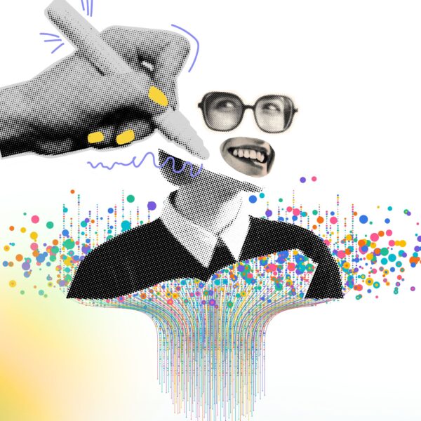 Collage of a human hand sketching a face onto a digital figure, surrounded by colorful data points, symbolizing legal and originality challenges in AI generate logos.