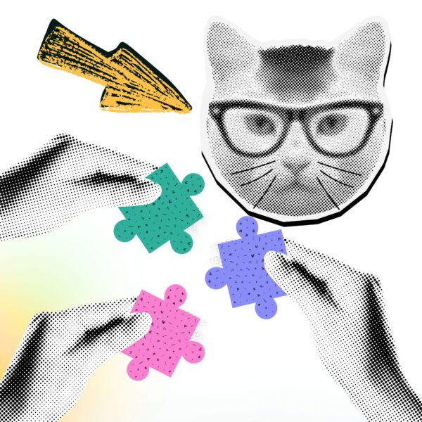 Hands assembling colorful puzzle pieces near a stylized AI cat face, symbolizing human-AI collaboration in AI generate logos.