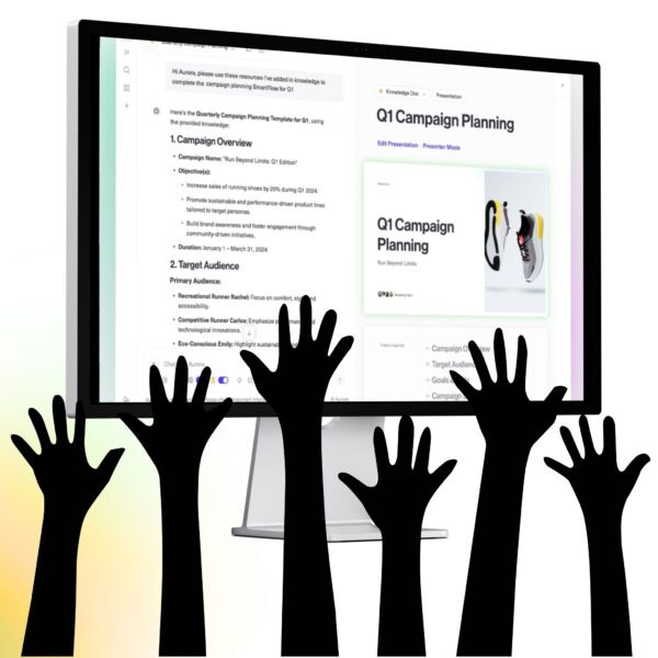 Hands reaching up toward a screen displaying Aurora Slides, illustrating how to present AI generate logos with impact.