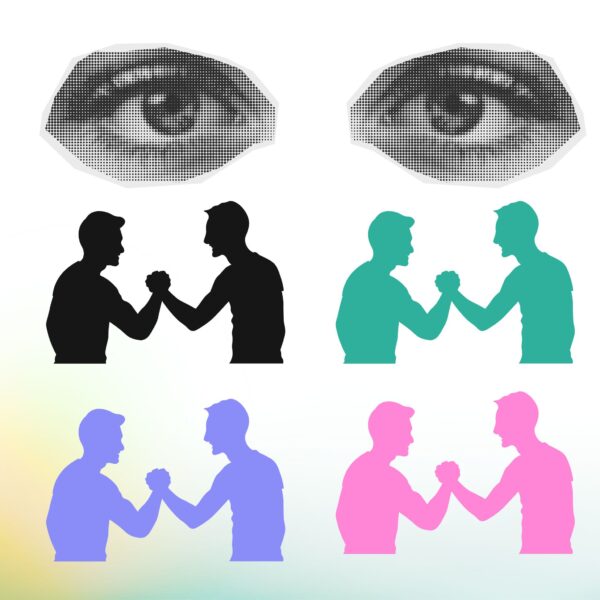 "Illustration showing human connection and perception in logo design, highlighting the limits of AI generate logos"