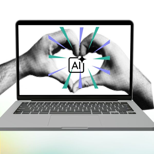 Hands forming a heart shape on a laptop screen with an AI icon, symbolizing the positive impact of AI marketing tools.